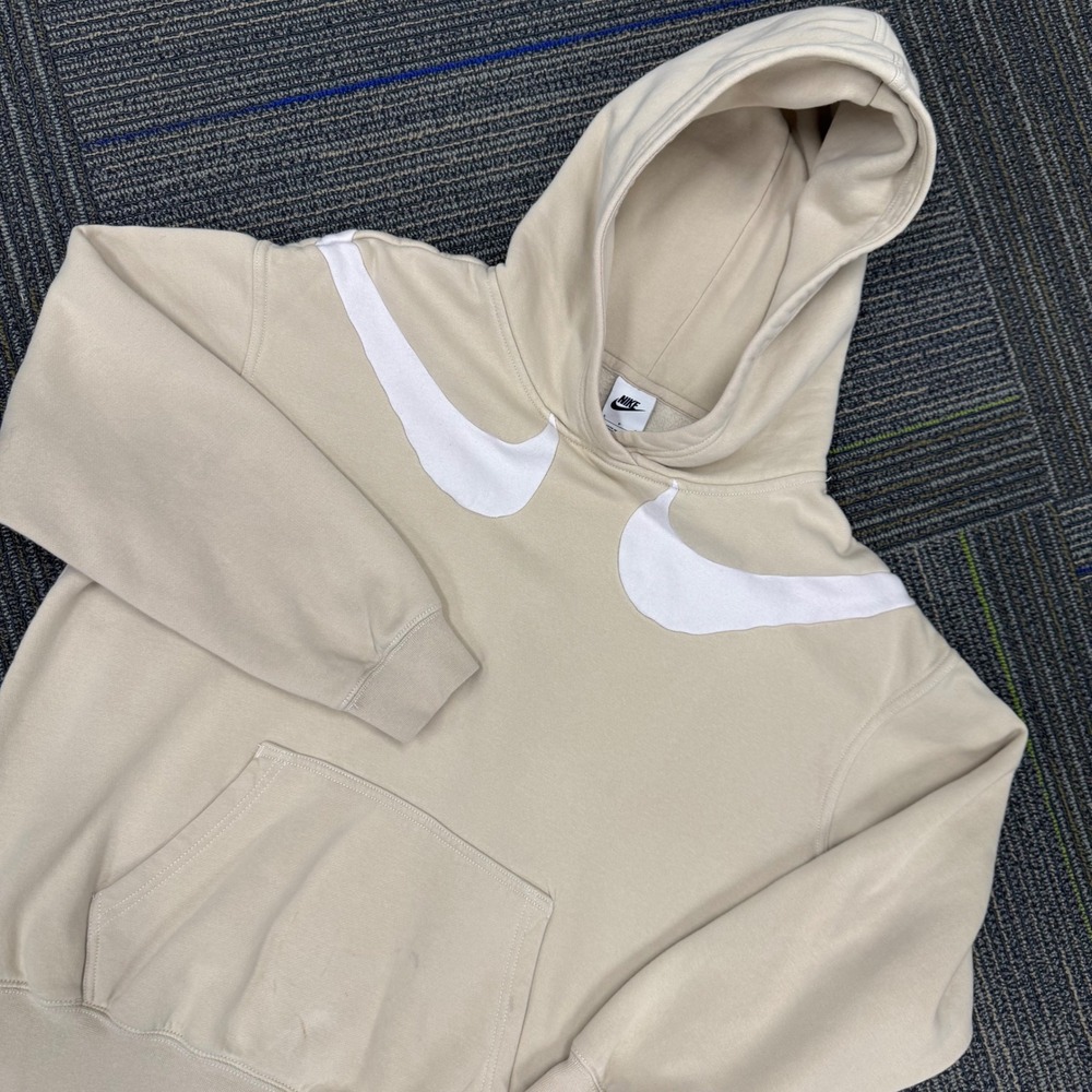 Nike Club Fleece Pullover Hoodie Tan Beige White Swoosh Mens Size S Small
